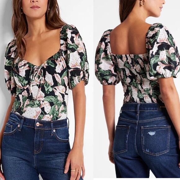 NWT Express Floral Eyelet Puff Sleeve Bodysuit - Picture 2 of 9